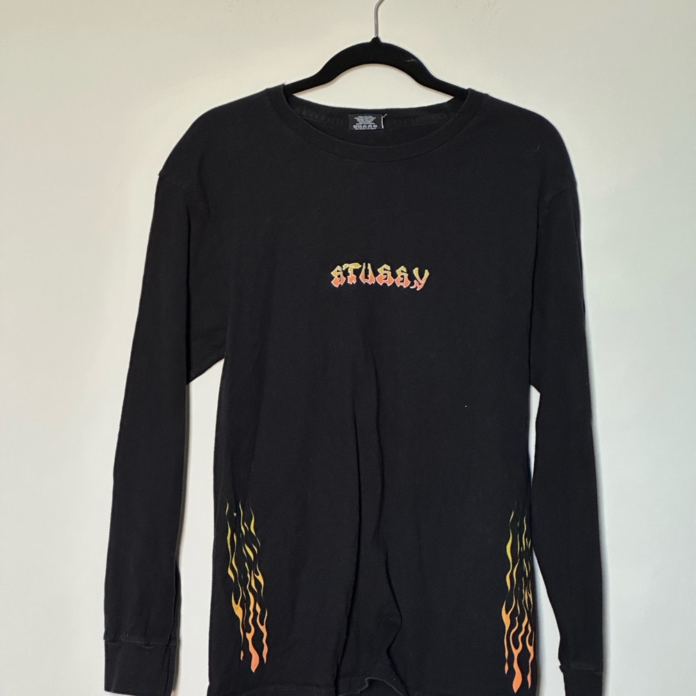 Stussy Black Long Sleeve‎ graphic Tee with Flame Design size M